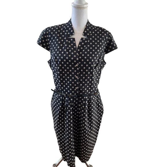 Vintage Jones New York Belted Polka Dot Career Dress Black 16 - Picture 1 of 8